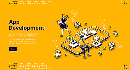 Mobile app development isometric landing page. User experience, ui ux phone interface design creation. Tiny people at huge smartphone work on gadget software application, 3d vector line art web banner