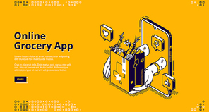 Online grocery app isometric landing page. Food order and delivery service application for mobile phone. Hands giving shopping bag with products from smartphone screen, 3d vector line art, web banner