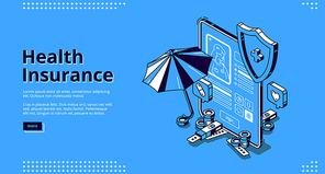 Health insurance isometric landing page. Policy document form on tablet screen with pills bottle and umbrella nearby. Medical protection for life guarantee, investment. 3d vector line art web banner