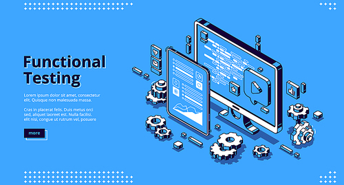 Software testing isometric landing page. Functional test, mobile application and website platform development, dashboard usability optimization for computer and tablet pc 3d vector line art web banner