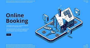 Online booking banner. Mobile application for book hotel, accommodation or apartment for vacation. Vector landing page of online rent reservation with isometric smartphone and house