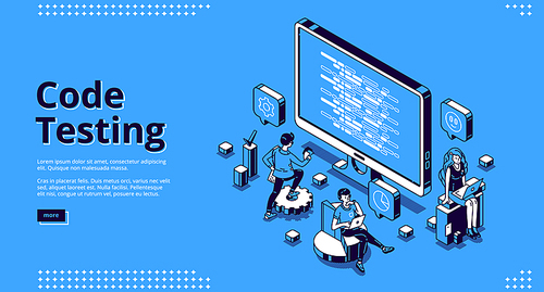 Code testing banner. Concept of search errors and bugs in software, quality control of website or app. Vector landing page of programming test with isometric computer screen and working people