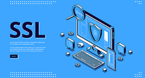 Secure certificate of website banner. Concept of SSL, safety internet technology, data encryption protocol. Vector landing page with isometric illustration of browser with shield on computer screen