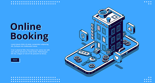 Online booking isometric landing page, room reservation service, hotel building, apartment keys, coins and rating stars on mobile phone screen, internet technologies 3d vector line art web banner