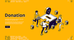 Donation and charity isometric landing page. People put coins into huge money box slot. Volunteering and social help concept, solidarity and foundation aid, philanthropy 3d vector line art web banner