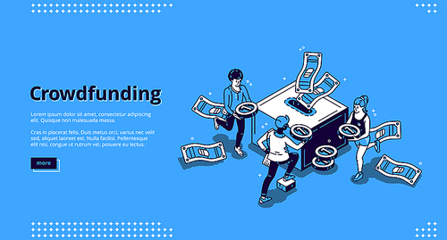 Crowdfunding isometric landing page. People donate money for creative idea support put coins in huge box. Volunteering and social help, philanthropy, donation and charity 3d vector line art web banner