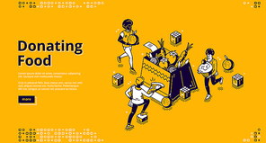 Donating food banner. Charity aid for homeless and hunger. Volunteers donate with nutrition products. Vector landing page with isometric people filling box by grocery and food