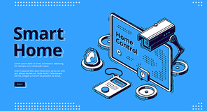 Smart home isometric web banner. Computer desktop with artificial intelligence technology and internet of things equipment and services for house control 3d vector illustration, line art landing page