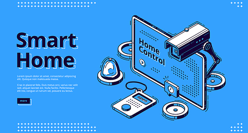 Smart home isometric web banner. Computer desktop with artificial intelligence technology and internet of things equipment and services for house control 3d vector illustration, line art landing page