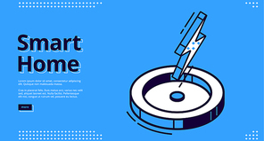 Smart home banner. Internet of things technology concept. Vector landing page of house control system with isometric icon of intelligent station with lightning on blue background