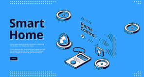 Smart home, internet of things isometric web banner. Display with artificial intelligence technology and smart house equipment and services for home control, vector illustration, line art landing page