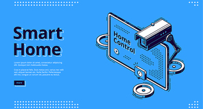 Smart home, internet of things isometric web banner. Computer display with interface and camera, smart house equipment and services for home control, vector illustration, line art landing page