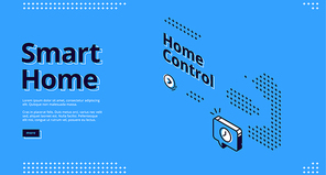 Smart home, internet of things isometric web banner. Display with interface, smart house equipment and service for home control, vector illustration, line art landing page