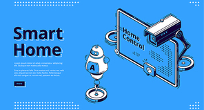 Smart home, internet of things isometric web banner. Computer display with interface, camera, artificial intelligence technology and home control services, vector illustration, line art landing page