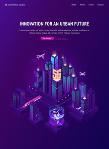 Innovation for urban future isometric landing page. Smart city island with train and airplane transportation, 5g technology and ai robots. Futuristic neon glow smartcity buildings 3d vector web banner