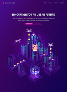 Innovation for urban future isometric landing page. Autonomous shipping technology. Vector isometric illustration of smart city with drone delivery cardboard boxes, remote robot control
