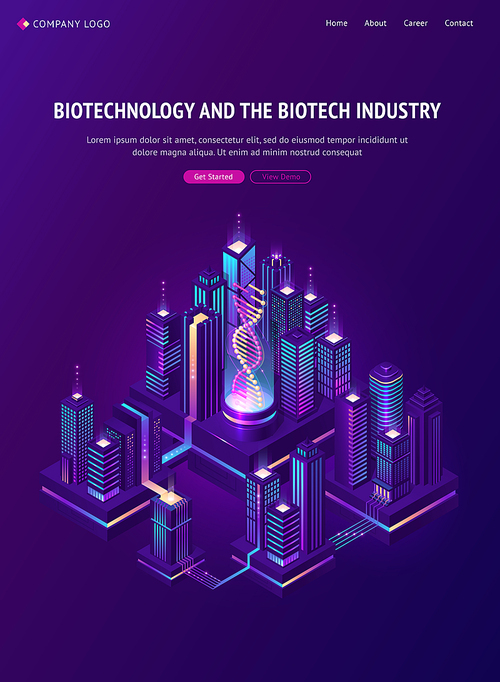 Biotechnology and biotech industry isometric landing page. Smart city with Dna hologram projection in bio laboratory and neon glowing skyscrapers. Futuristic genetic engineering, 3d vector web banner
