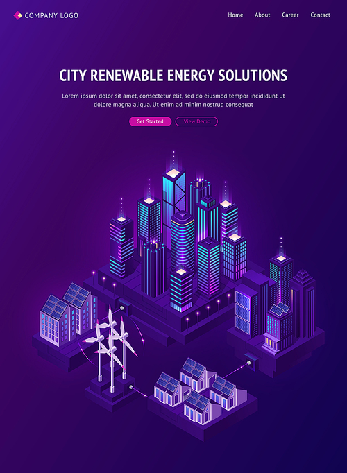 Smart city renewable energy solutions isometric landing page. Smartcity with neon glowing skyscrapers and countryside cottages work on clean windmill sustainable electricity power 3d vector web banner