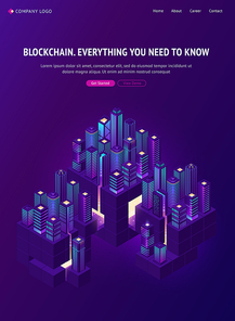 Blockchain technology in smartcity isometric landing page. Smart city community with data centers, servers and crypto block chain buildings, neon glow skyscrapers, cryptocurrency, 3d vector web banner
