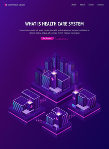 Medical buildings network banner. Health care system concept. Vector neon poster with smart city and healthcare infrastructure with public clinic, hospitals and drugstores