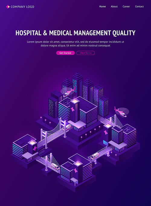 Hospital and medical management banner. Health care system concept. Vector neon poster with smart city and healthcare infrastructure with public clinic, hospitals and ambulance transport