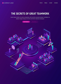 Teamwork isometric landing page. Business team work cooperation, marketing strategy, financial analytic company working in office, people make deal, shaking hands, analyzing data, 3d vector web banner