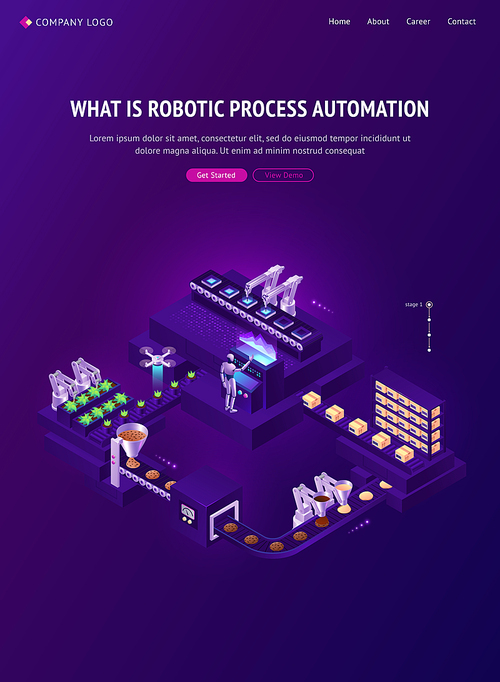 Automation technologies isometric landing page. Robot manage factory conveyor produce and packing production on transporter belt, smart industrial revolution, cyborg assisting, 3d vector web banner.