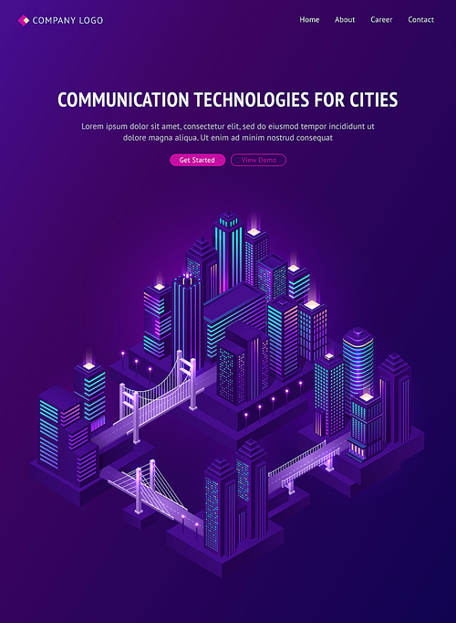 Isometric city with bridges, car roads and overpass. Communication technology for cities. Vector poster with illustration of town with skyscrapers, transport infrastructure and bridge constructions