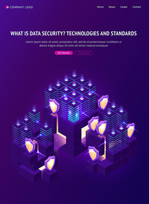 Cyber data security isometric landing page. Computing internet digital technology, blockchain, database protection. Server room protected with shields from outer hacker access, 3d vector web banner