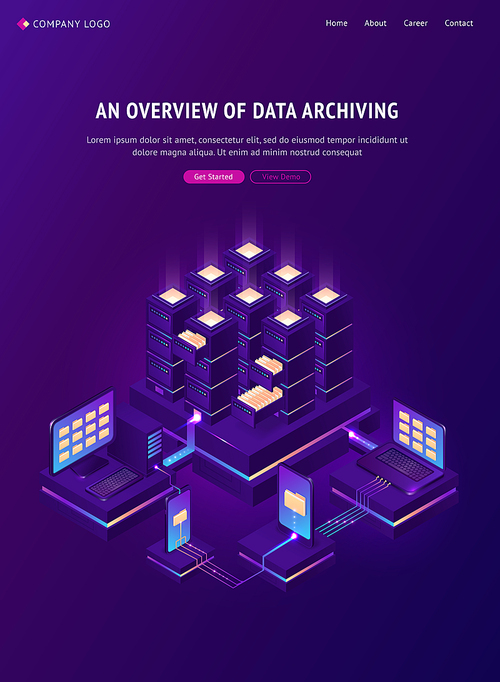 Archive with folders in cabinets and computers. Overview of data archiving banner. Vector isometric illustration of database, digital storage, sharing documents and protection privacy information