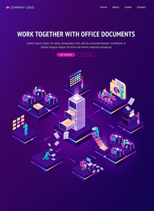 Work with documents isometric landing page, office people working with archive and database around of huge electronic drawer with files. Business administration, data storage, 3d vector web banner