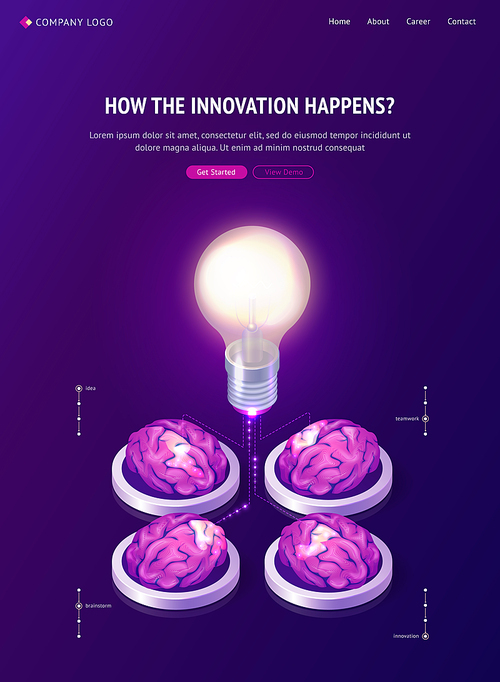 Brainstorm idea isometric landing page. Human brains connected with huge glowing light bulb generate thinking activity. Creative startup project development, innovation launching, 3d vector web banner