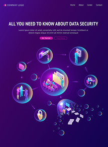 Cyber data security isometric landing page. Computing internet digital technology, information database protection. People conduct cash transactions inside of transparent bubbles, 3d vector web banner