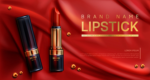 Lipstick cosmetics make up beauty product mockup banner. Makeup rouge on red silk draped fabric background with scattered golden pearls. Luxury promo poster template for magazine, realistic 3d vector