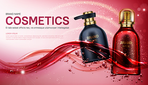 Cosmetics bottles mock up banner. Beauty product package design, red and black pump and spray tubes floating on water splash background. Body care cosmetic ad mockup Realistic 3d vector illustration