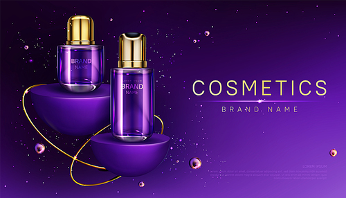 Cosmetics bottles on podium sale banner, beauty skin care cosmetic tubes on hemisphere shape stages, perfume product ad presentation on showroom platform with gold pearls realistic 3d vector