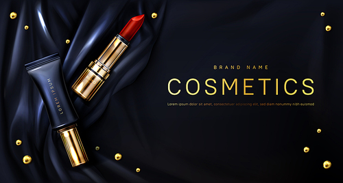 Lipstick cosmetics make up beauty product ad banner. Red rouge and liquid gloss tubes on black silk draped fabric background with gold pearls. Luxury promo poster for magazine, realistic 3d vector