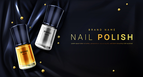 Nail polish 3d bottles gold and silver metallic palette mock up banner, cosmetic glass tubes on black satin soft silk fabric with folds and pearls. Cosmetics make up product, Realistic vector mockup