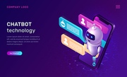 Chatbot technology, isometric concept vector illustration. Website landing page with mobile phone, artificial intelligence, robot looking out and text bubble or message icons, ultraviolet web banner.