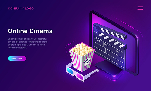 Online cinema or movie, isometric concept vector illustration. Computer monitor or TV screen, popcorn bucket, 3D glasses and clapper on ultraviolet background. Home cinema website landing page