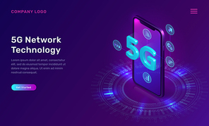 5G network technology, isometric concept vector illustration. Smartphone screen with 5G symbol wireless internet and interface icons isolated on ultraviolet background. High speed internet web page