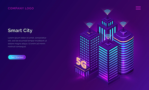5G network technology, isometric concept vector illustration. Tall city buildings with 5G symbol wireless internet isolated on ultraviolet background. High speed internet web page