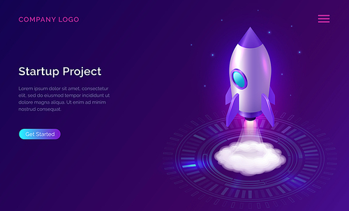 Business start up isometric concept vector illustration. Rocket taking off with fire and smoke over neon glowing circle on ultraviolet background. Spaceship launching purple web page