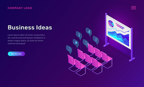 Business training or ideas isometric concept vector illustration. Empty class for corporate seminar, conference or staff training, board with graphs, chairs with speech bubble icons in auditorium
