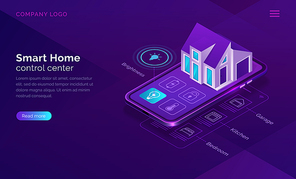 Smart home isometric, internet of things concept vector illustration. Control center for surveillance, home monitoring, mobile phone screen with house building icon purple banner, ultraviolet website
