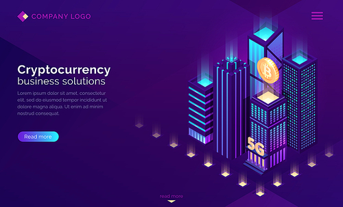 Cryptocurrency business solutions isometric landing page. Huge bitcoin hanging above neon glowing skyscraper buildings, 5G mining blockchain futuristic technology 3d vector illustration, web banner