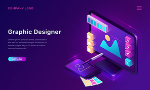 Graphic designer isometric landing page, computer desktop, tablet pc with application for painting, items and tools for creative work, illustrator equipment and program software 3d vector web banner