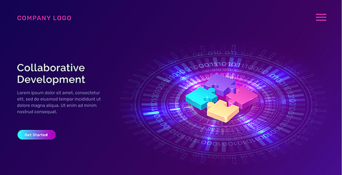 collaborative development, isometric business concept vector. color puzzle  or icons on ultraviolet background with glowing blue neon ring. teamwork, cooperation, partnership and trust concept