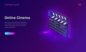 Online cinema or movie, isometric concept vector illustration. Film clapperboard on ultraviolet background. Home cinema website landing page