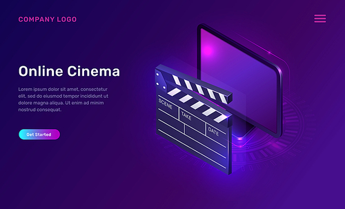 Online cinema or movie, isometric concept vector illustration. Computer monitor or TV screen, clapperboard on ultraviolet background. Home cinema website landing page